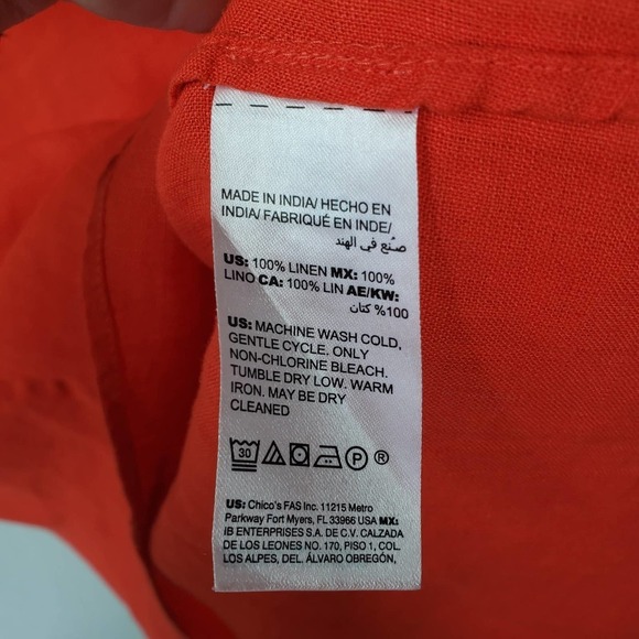 Chico's Linen Tunic Dress 1 8-10 Bright Orange V-Neck - Picture 6 of 9